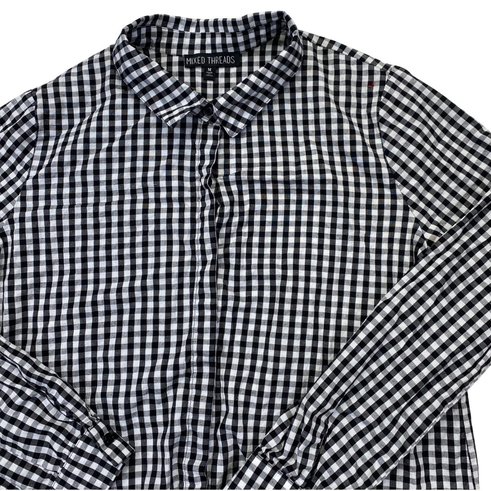 Mixed Threads Gingham Button Down Women Medium Black White Tie Front Long Sleeve